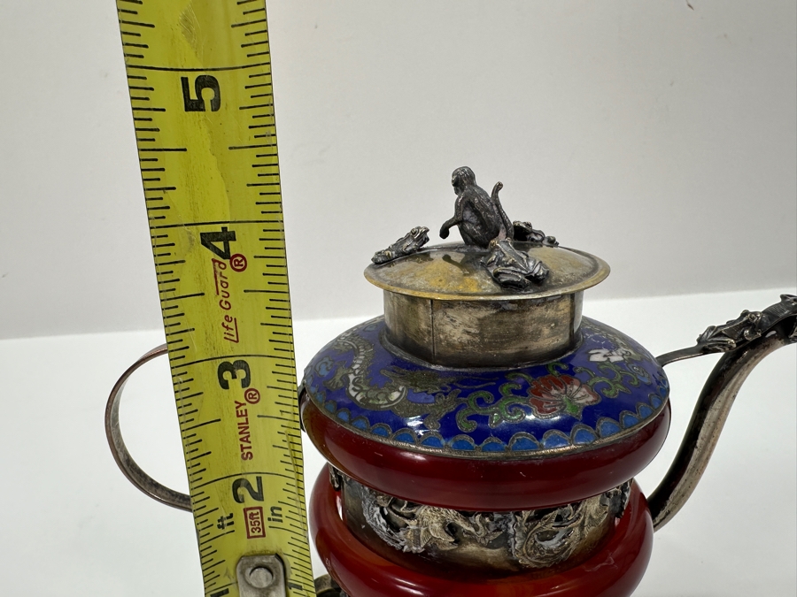 Vintage Signed Chinese Cloisonné and Tibetan Silver Teapot with Stone Bands and Monkey Lid Dragon Motif Signed Underneath 6'W x 4.5'H [Photo 21]