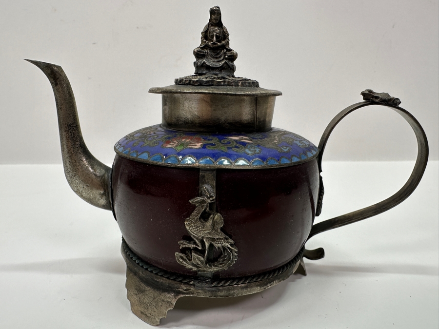 Vintage Chinese Tibetan Silver Overlay Stone Red Agate Body Teapot With Phoenix Design Signed Underneath 5.5W X 4H [Photo 2]