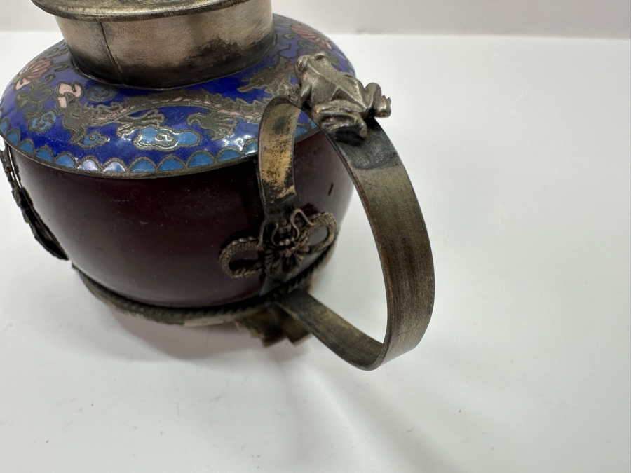 Vintage Chinese Tibetan Silver Overlay Stone Red Agate Body Teapot With Phoenix Design Signed Underneath 5.5W X 4H [Photo 8]