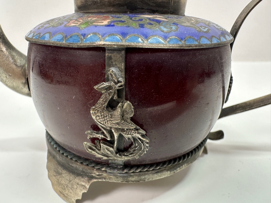 Vintage Chinese Tibetan Silver Overlay Stone Red Agate Body Teapot With Phoenix Design Signed Underneath 5.5W X 4H [Photo 7]