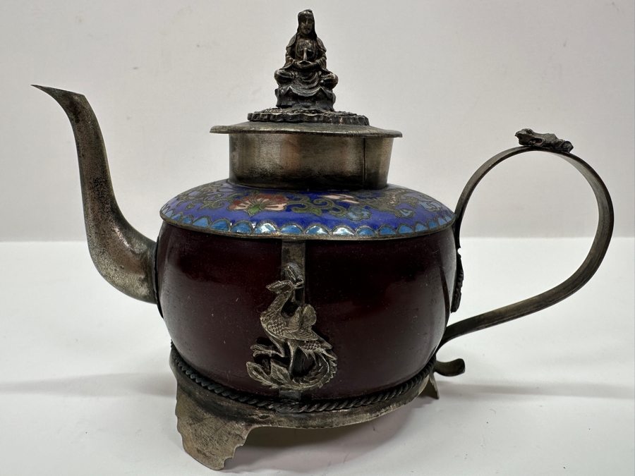 Vintage Chinese Tibetan Silver Overlay Stone Red Agate Body Teapot With Phoenix Design Signed Underneath 5.5W X 4H [Photo 4]