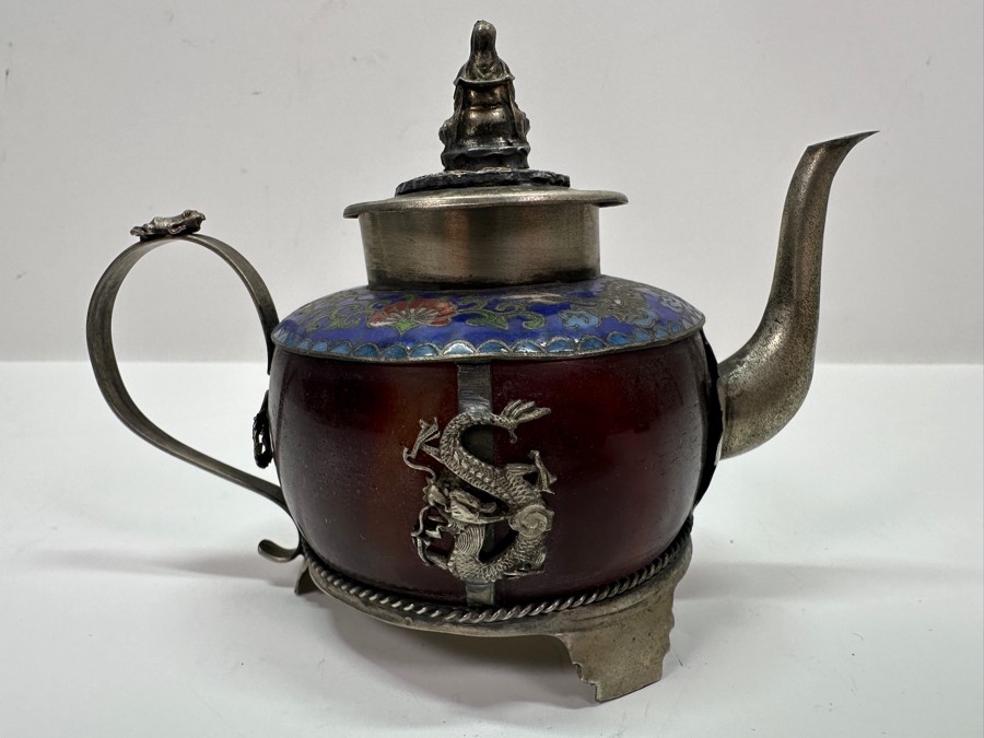 Vintage Chinese Tibetan Silver Overlay Stone Red Agate Body Teapot With Phoenix Design Signed Underneath 5.5W X 4H [Photo 11]