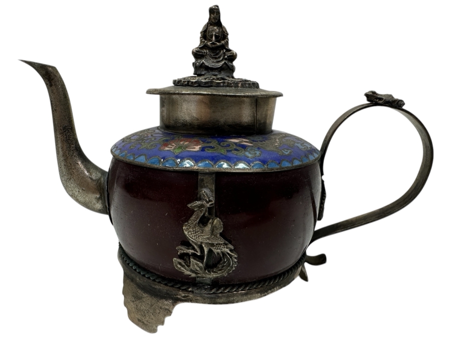 Vintage Chinese Tibetan Silver Overlay Stone Red Agate Body Teapot With Phoenix Design Signed Underneath 5.5W X 4H [Photo 1]