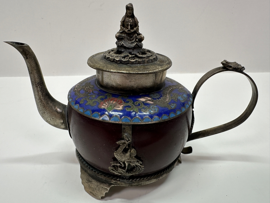 Vintage Chinese Tibetan Silver Overlay Stone Red Agate Body Teapot With Phoenix Design Signed Underneath 5.5W X 4H [Photo 3]