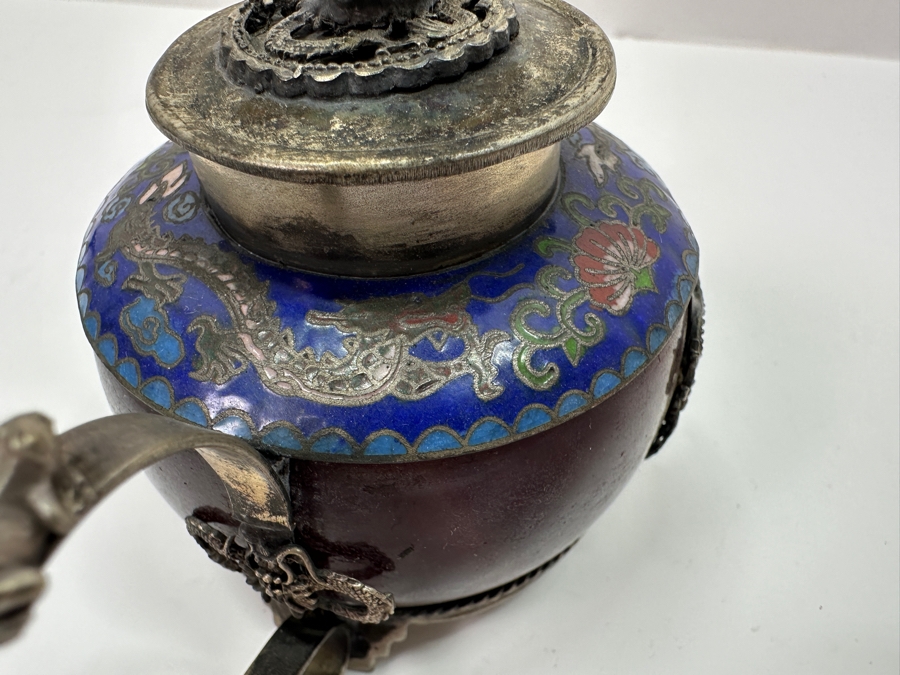 Vintage Chinese Tibetan Silver Overlay Stone Red Agate Body Teapot With Phoenix Design Signed Underneath 5.5W X 4H [Photo 10]