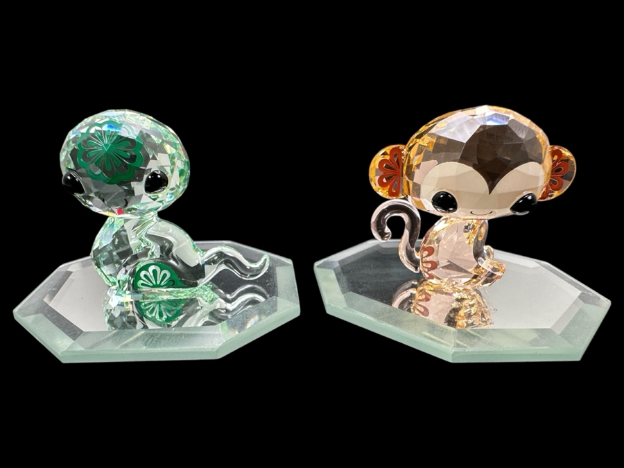 Swarovski Crystal Lovlots Kiki the Monkey #5004619 and Hebi the Snake #5004618 with Boxes and Mirrors 1.5'H