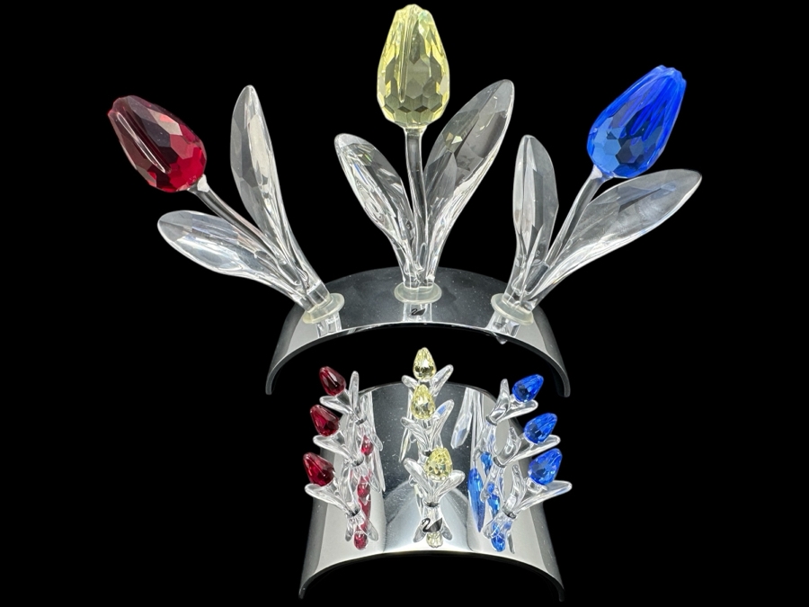 Swarovski Crystal Collector Club Large and Small Tulips with Boxes 4.25'H and 1.5'H
