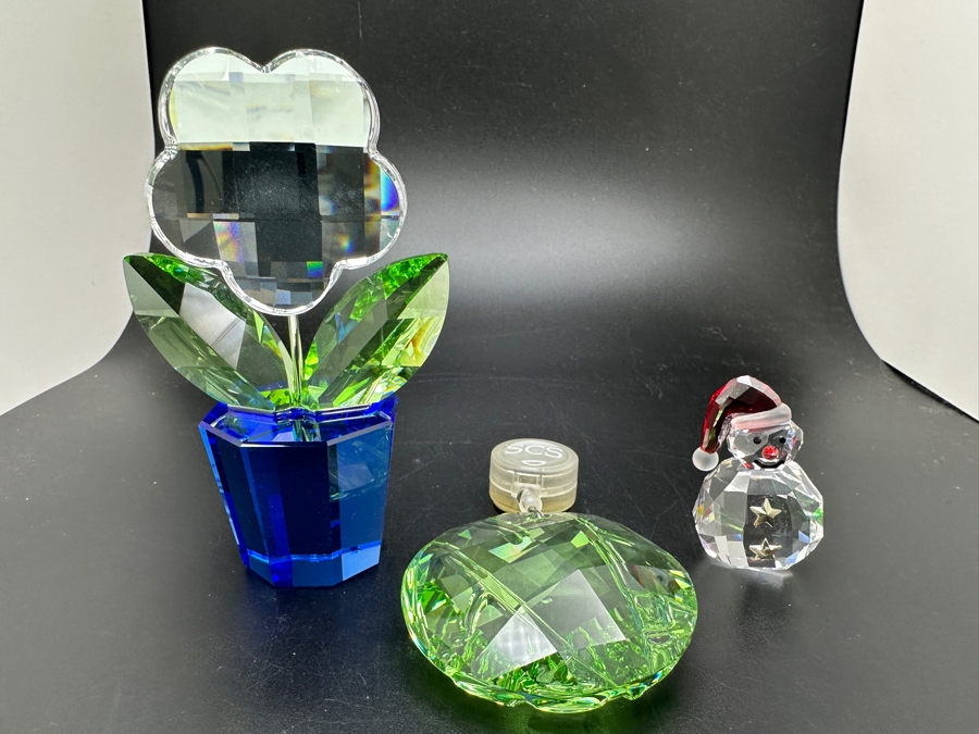 Swarovski Crystal Potted Plant #296598, Window Ornament #905542 and Rocking Snowman #1005414 with Two Boxes 1.5' - 3.75'H [Photo 2]