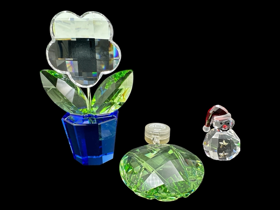 Swarovski Crystal Potted Plant #296598, Window Ornament #905542 and Rocking Snowman #1005414 with Two Boxes 1.5' - 3.75'H