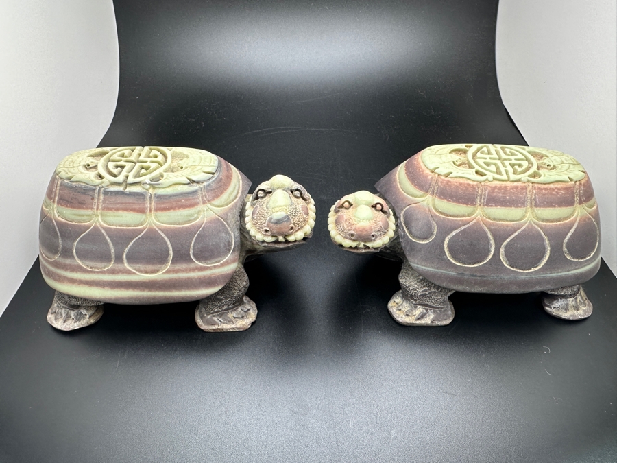 Large Pair Of Chinese Carved Stone Figurine Turtles 1,546g [Photo 2]