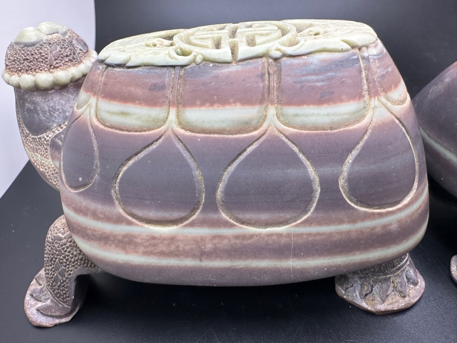 Large Pair Of Chinese Carved Stone Figurine Turtles 1,546g [Photo 19]