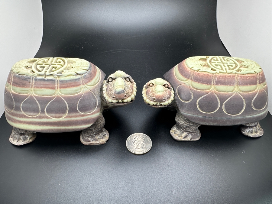 Large Pair Of Chinese Carved Stone Figurine Turtles 1,546g [Photo 3]