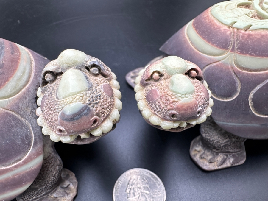 Large Pair Of Chinese Carved Stone Figurine Turtles 1,546g [Photo 7]