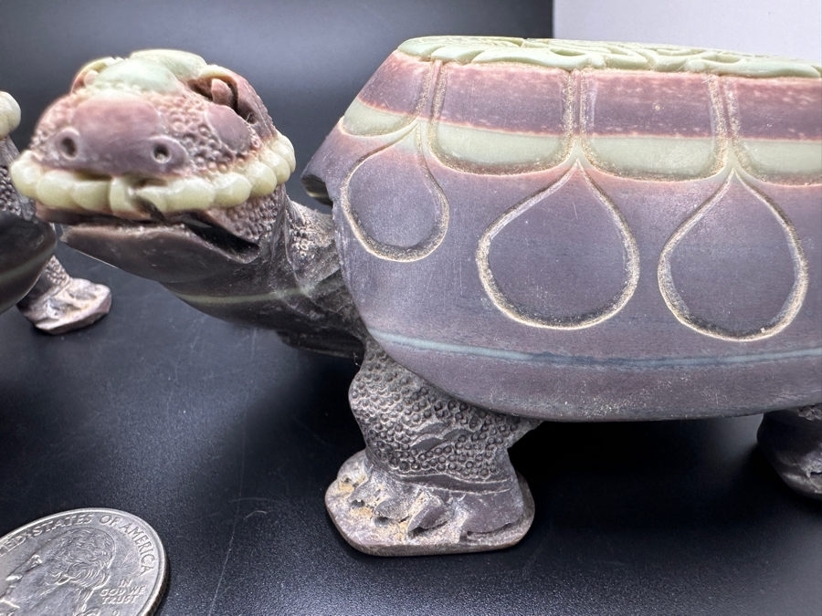 Large Pair Of Chinese Carved Stone Figurine Turtles 1,546g [Photo 9]