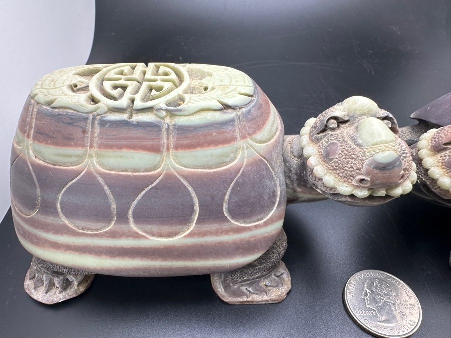 Large Pair Of Chinese Carved Stone Figurine Turtles 1,546g [Photo 5]