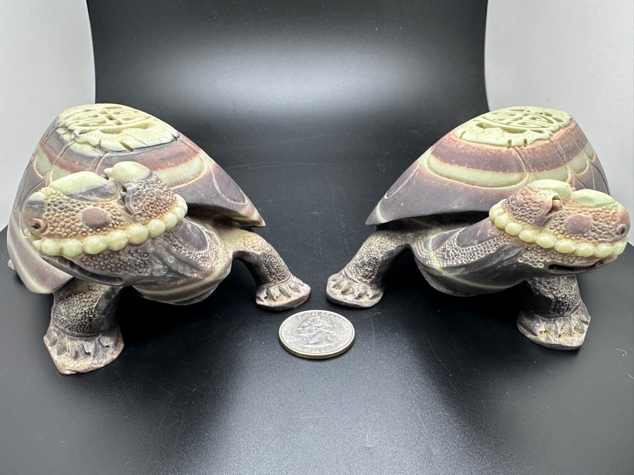 Large Pair Of Chinese Carved Stone Figurine Turtles 1,546g [Photo 13]