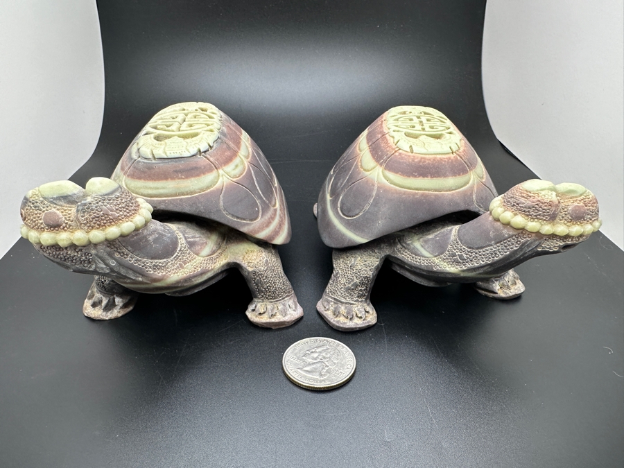 Large Pair Of Chinese Carved Stone Figurine Turtles 1,546g [Photo 16]