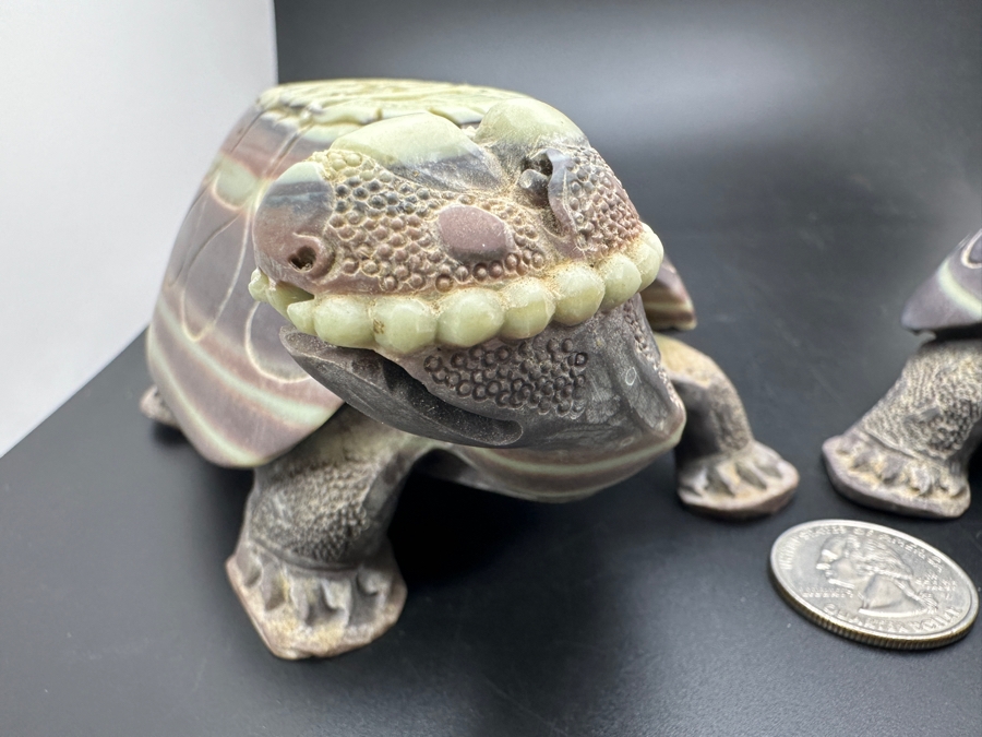 Large Pair Of Chinese Carved Stone Figurine Turtles 1,546g [Photo 14]