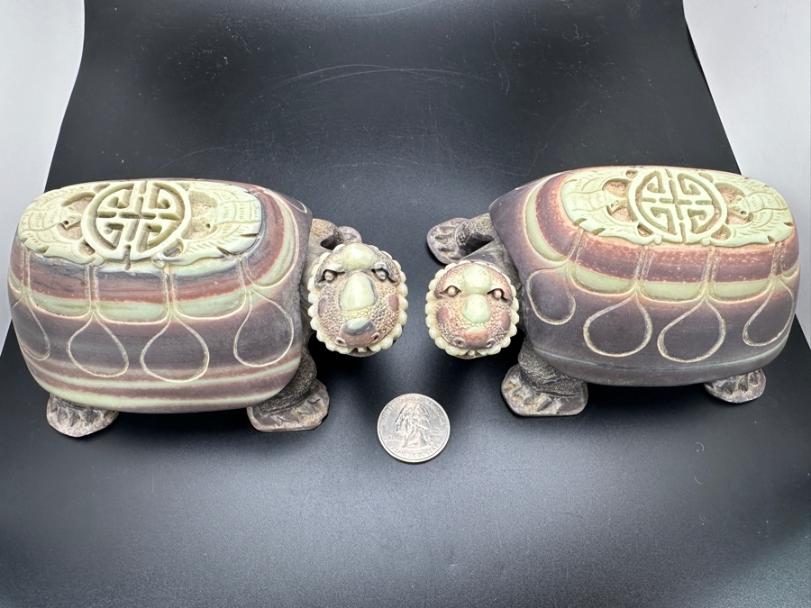 Large Pair Of Chinese Carved Stone Figurine Turtles 1,546g [Photo 4]