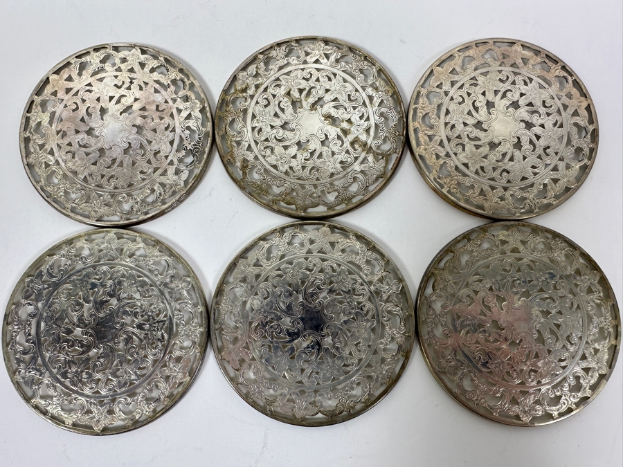(6) Sterling Silver / Glass Drink Coasters [Photo 2]