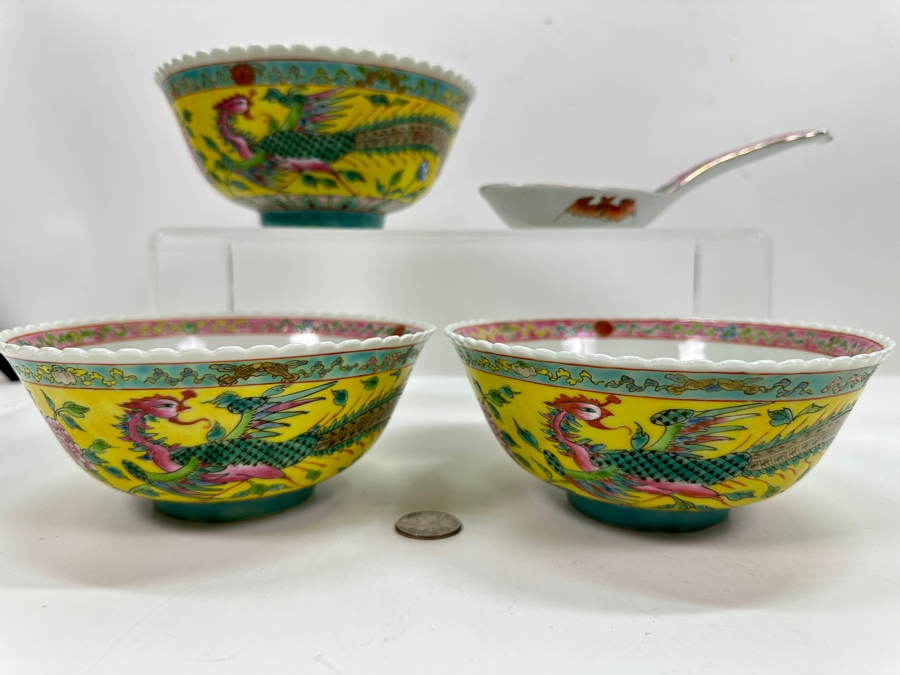 (3) Chinese Hand Painted Dragon Bowls 6.5W And Spoon [Photo 2]