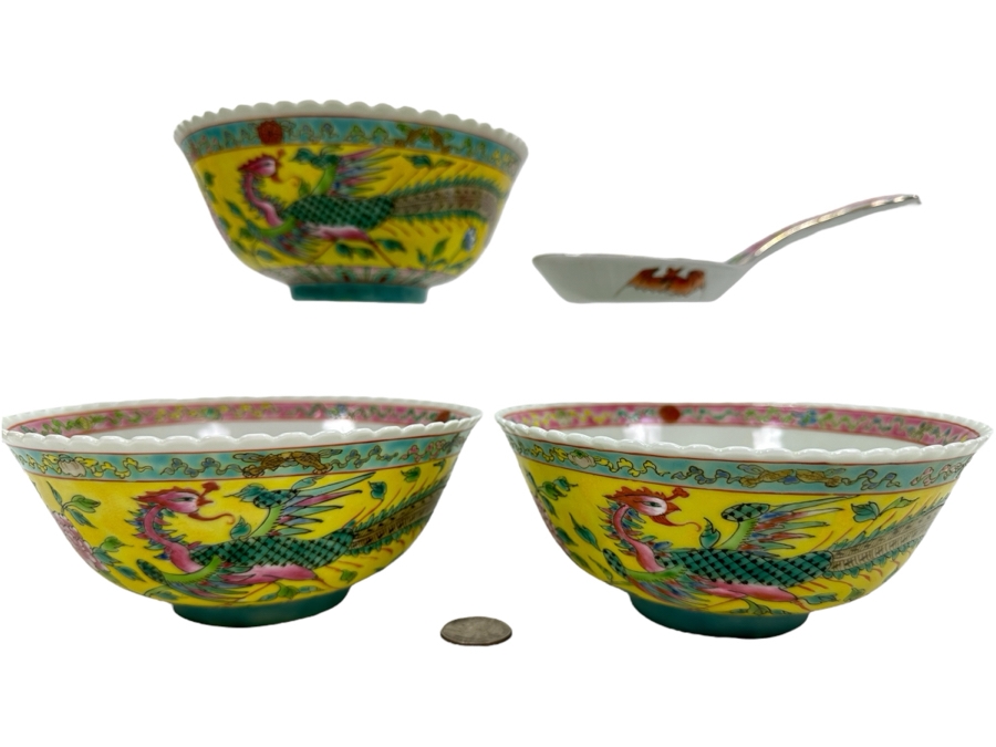(3) Chinese Hand Painted Dragon Bowls 6.5W And Spoon [Photo 1]