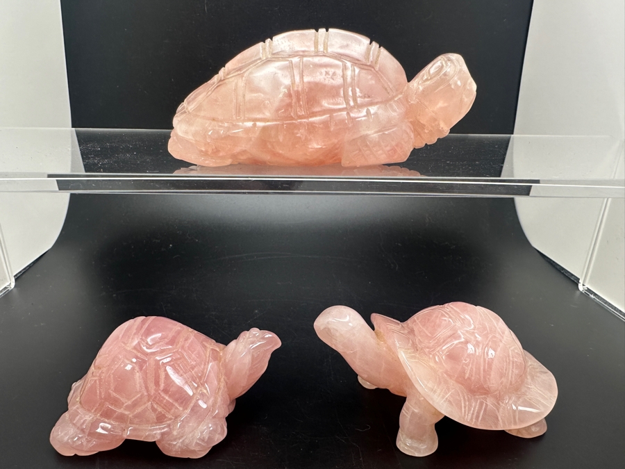 (3) Carved Rose Quartz Turtle Figurines 318g [Photo 2]