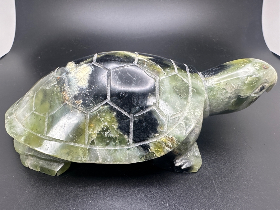 Vintage Chinese Green Moss Agate Carved Turtle Signed 423g [Photo 2]