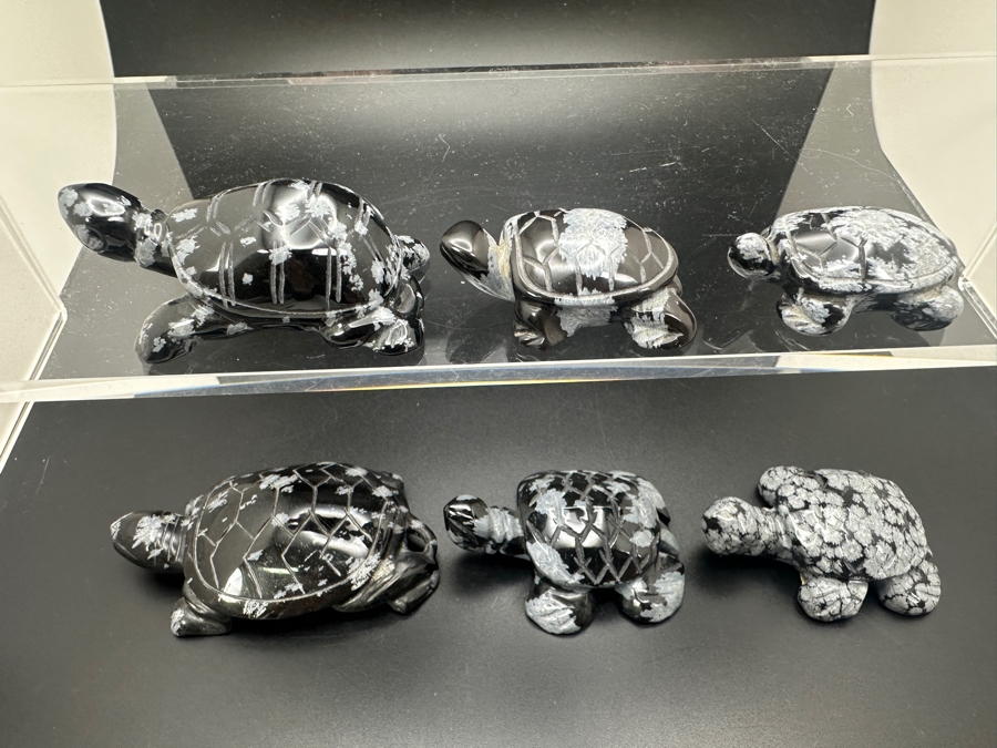 (6) Hand Carved Snowflake Obsidian Turtle Figurines 183g [Photo 4]
