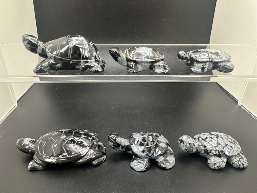 (6) Hand Carved Snowflake Obsidian Turtle Figurines 183g [Photo 3]