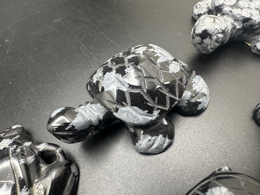 (6) Hand Carved Snowflake Obsidian Turtle Figurines 183g [Photo 13]