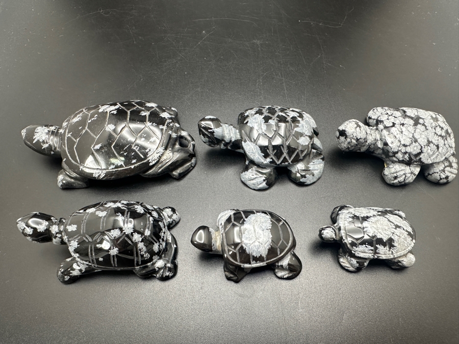 (6) Hand Carved Snowflake Obsidian Turtle Figurines 183g [Photo 5]
