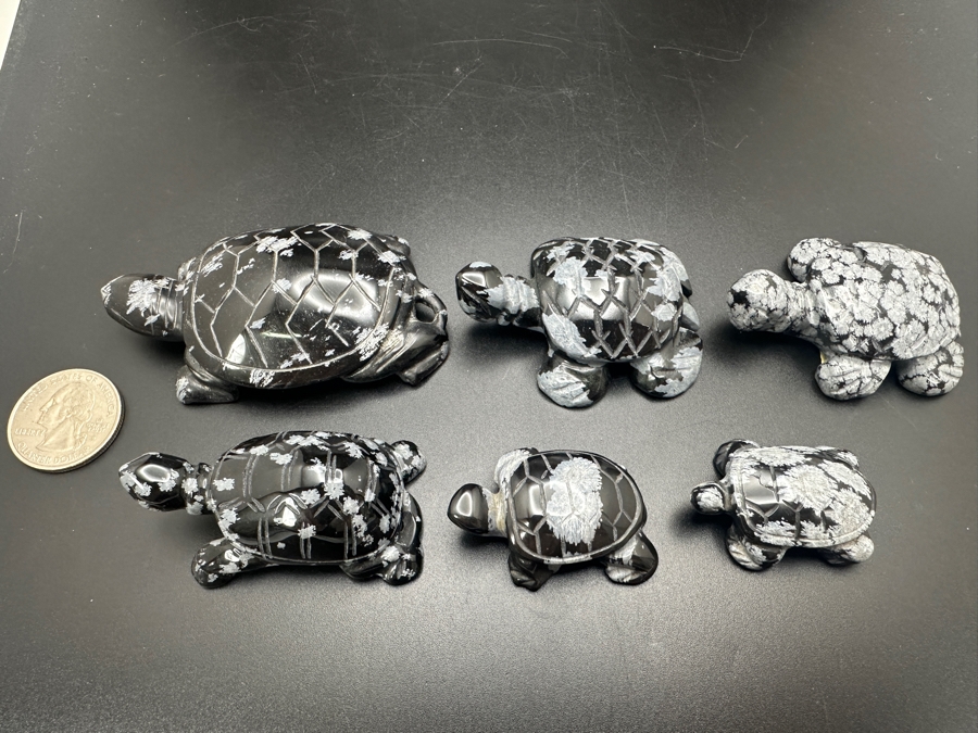 (6) Hand Carved Snowflake Obsidian Turtle Figurines 183g [Photo 6]