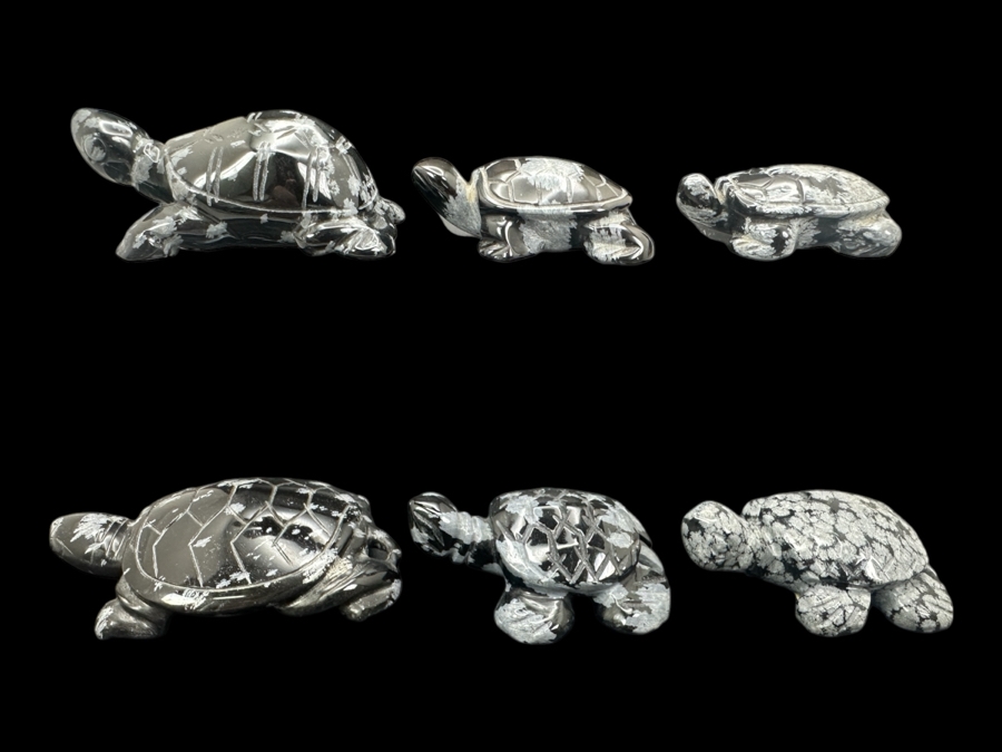 (6) Hand Carved Snowflake Obsidian Turtle Figurines 183g [Photo 1]