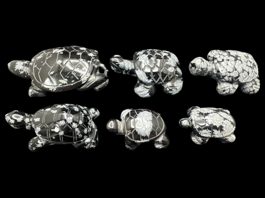 (6) Hand Carved Snowflake Obsidian Turtle Figurines 183g [Photo 17]