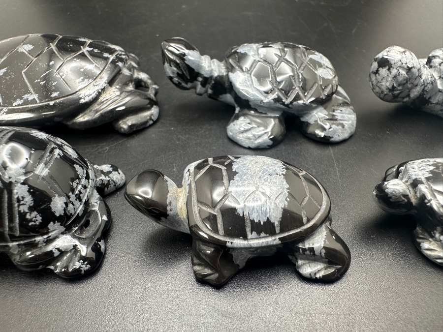 (6) Hand Carved Snowflake Obsidian Turtle Figurines 183g [Photo 10]