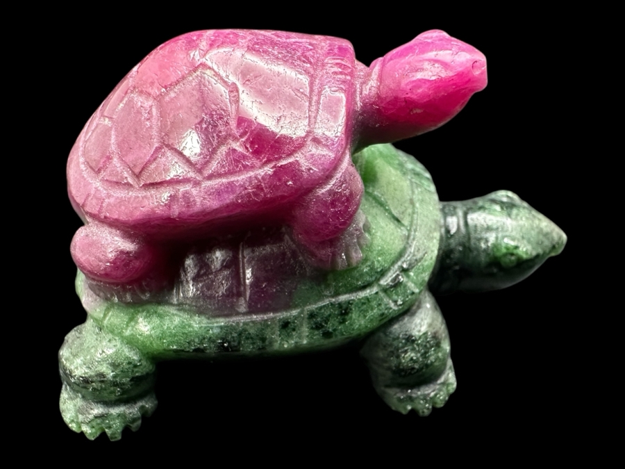 Hand Carved Ruby-Zoisite Turtle On Turtle Figurine 31g