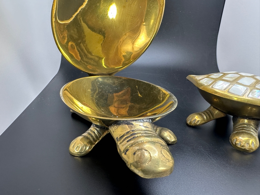 Pair Of Brass Turtle Figurines With Mother Of Pearl Shell Inlay [Photo 5]