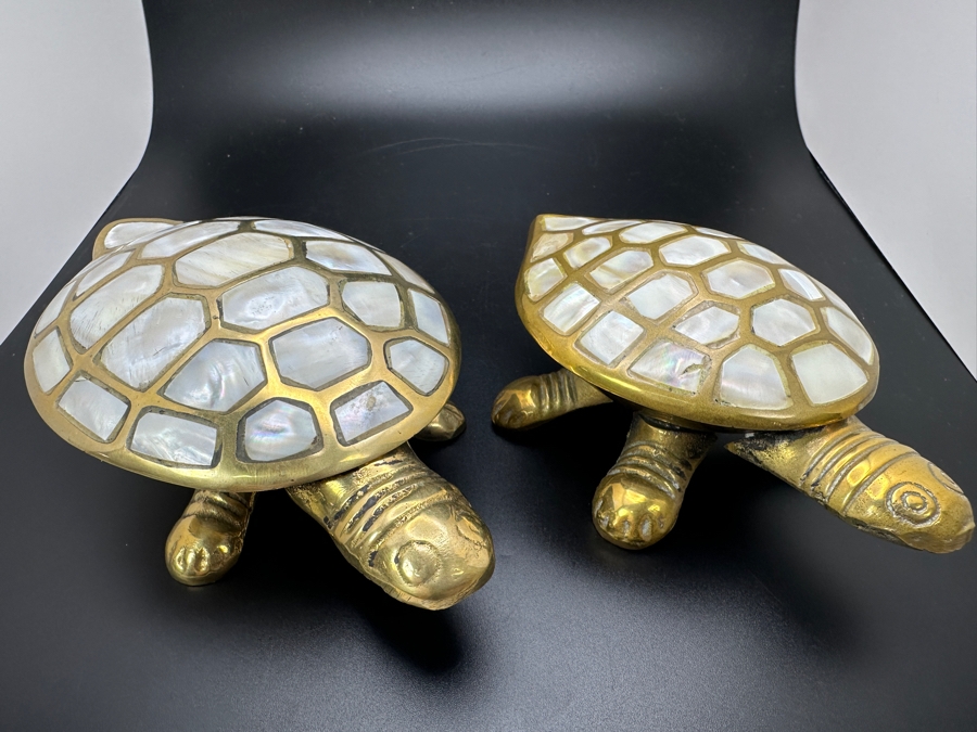 Pair Of Brass Turtle Figurines With Mother Of Pearl Shell Inlay [Photo 2]