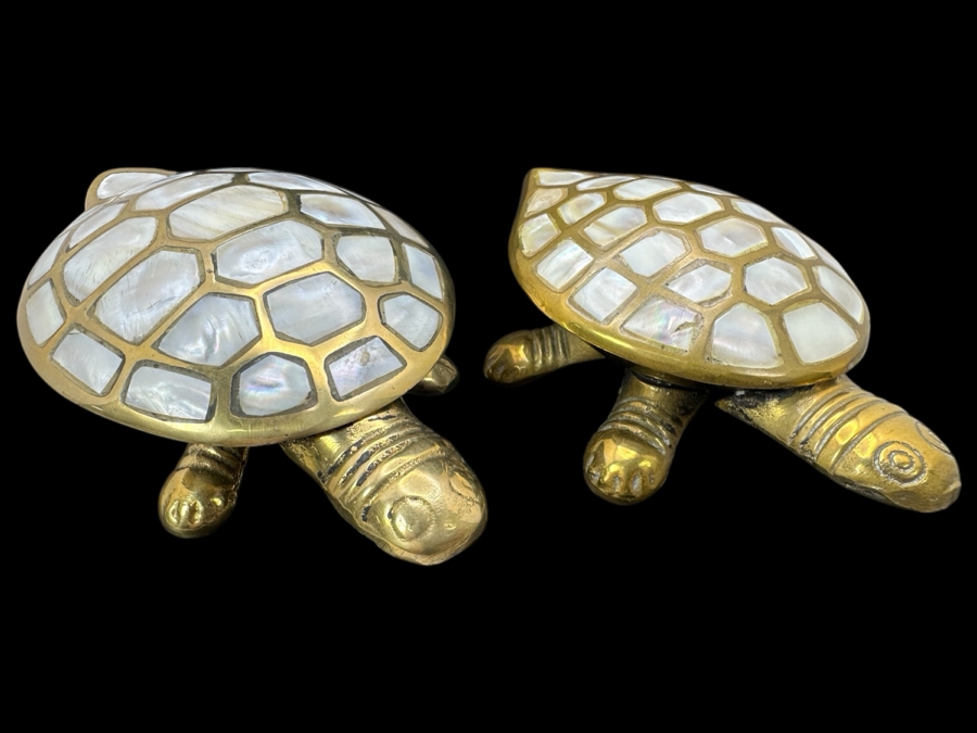 Pair Of Brass Turtle Figurines With Mother Of Pearl Shell Inlay [Photo 1]