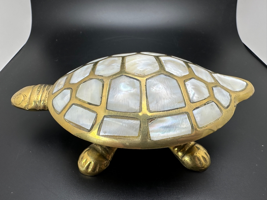 Pair Of Brass Turtle Figurines With Mother Of Pearl Shell Inlay [Photo 7]