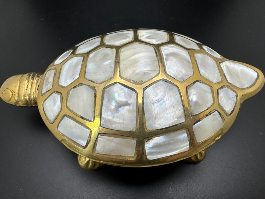 Pair Of Brass Turtle Figurines With Mother Of Pearl Shell Inlay [Photo 8]
