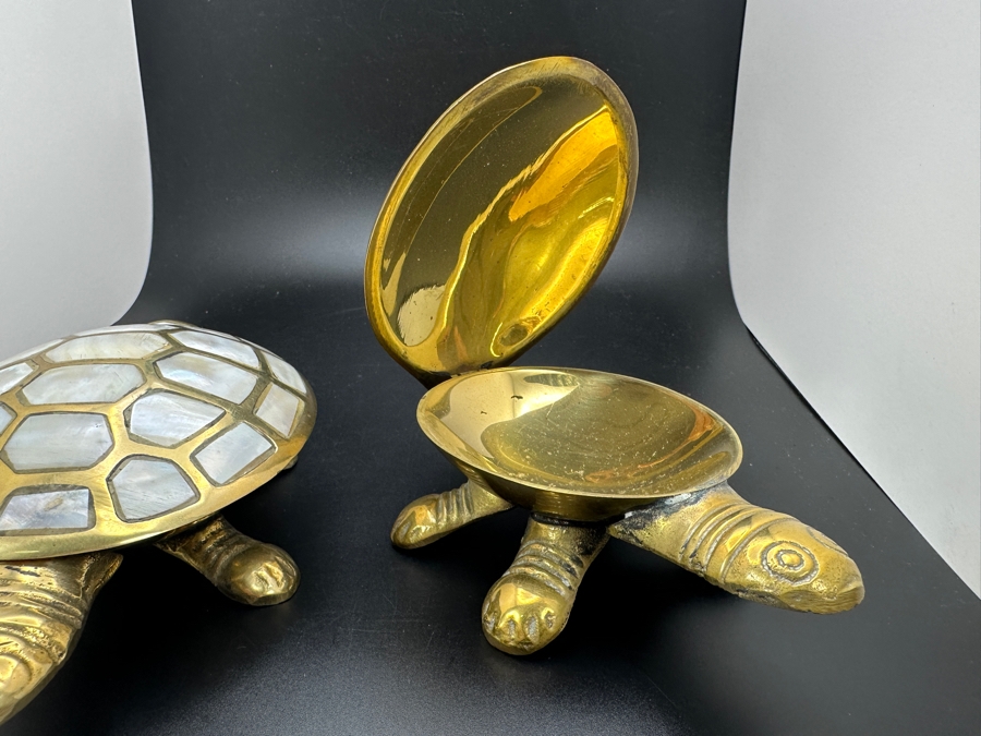 Pair Of Brass Turtle Figurines With Mother Of Pearl Shell Inlay [Photo 6]
