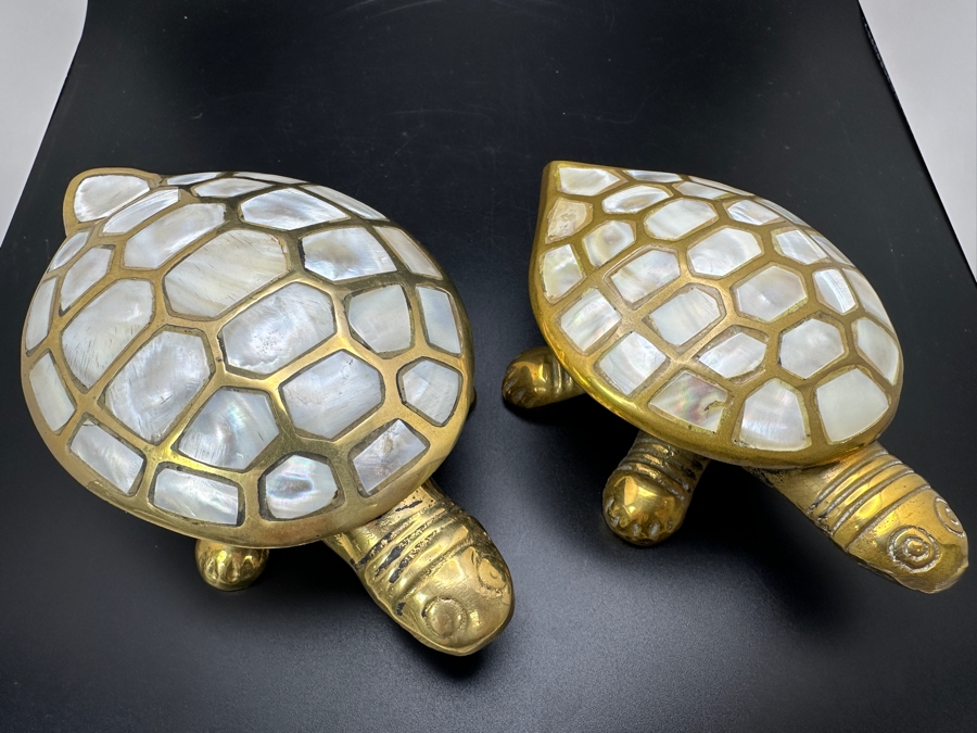 Pair Of Brass Turtle Figurines With Mother Of Pearl Shell Inlay [Photo 4]