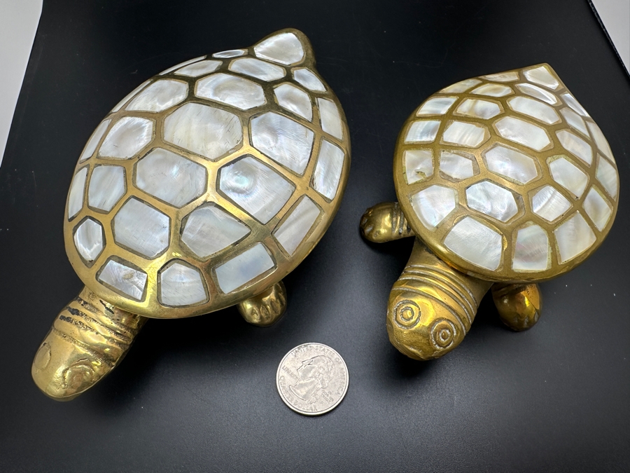 Pair Of Brass Turtle Figurines With Mother Of Pearl Shell Inlay [Photo 11]