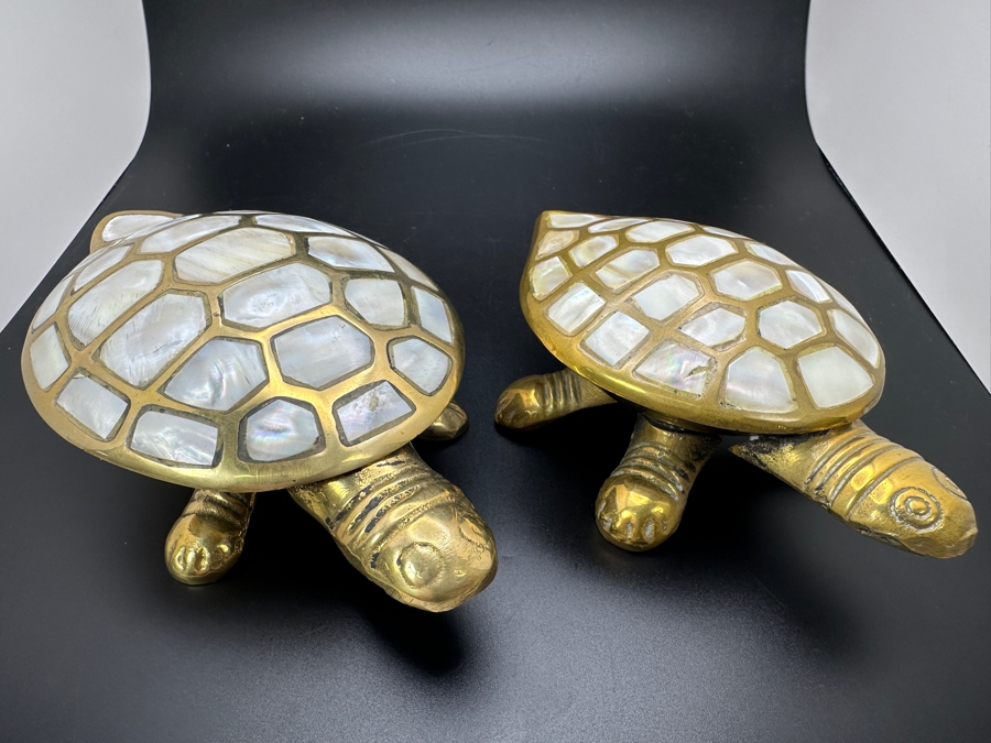 Pair Of Brass Turtle Figurines With Mother Of Pearl Shell Inlay [Photo 3]