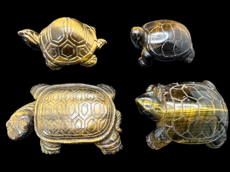 Set Of Four Hand Carved Tiger's Eye Chatoyant Gemstone Turtle Figurines [Photo 1]