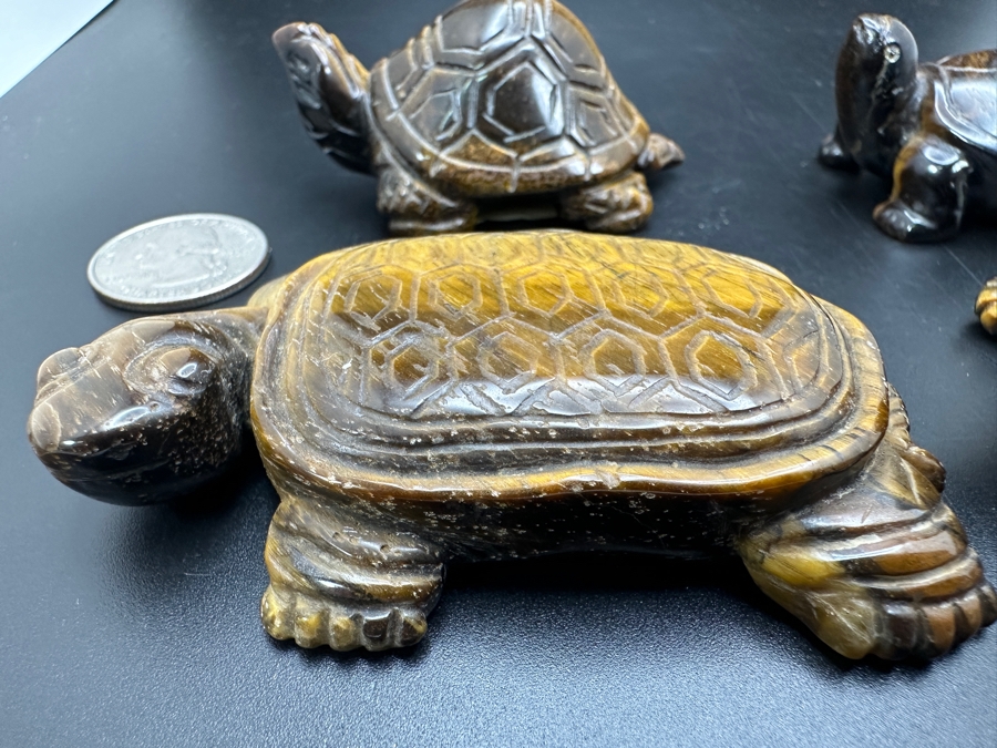 Set Of Four Hand Carved Tiger's Eye Chatoyant Gemstone Turtle Figurines [Photo 14]
