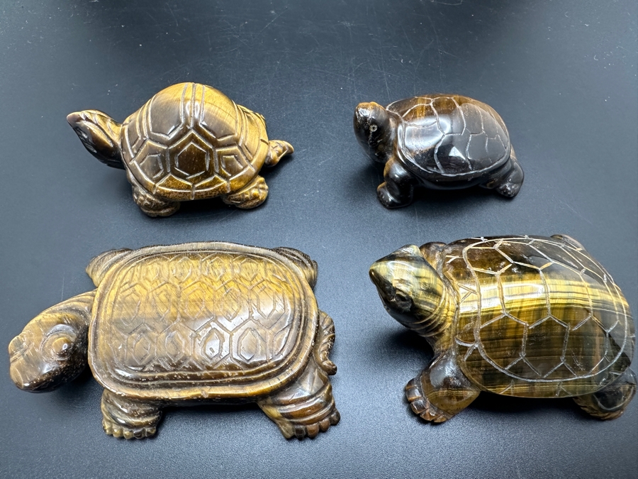 Set Of Four Hand Carved Tiger's Eye Chatoyant Gemstone Turtle Figurines [Photo 3]