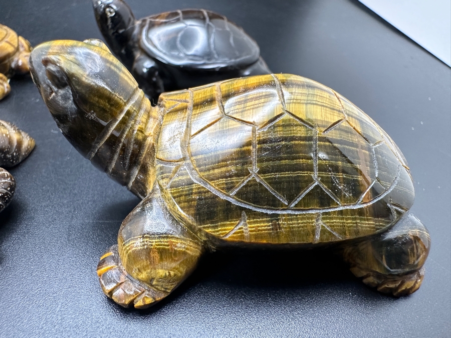 Set Of Four Hand Carved Tiger's Eye Chatoyant Gemstone Turtle Figurines [Photo 7]